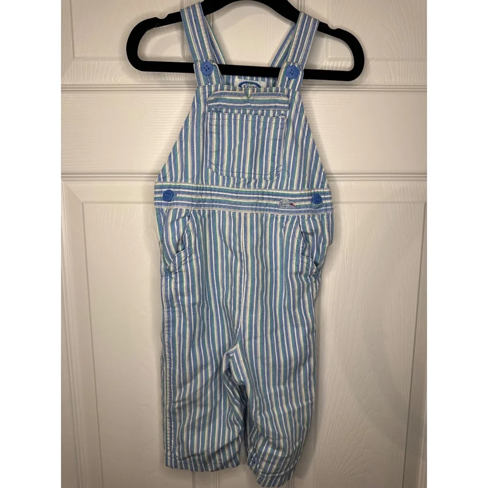 Vintage Izod Lacoste Striped Overalls Blue Green White 12M Baby 52903F
